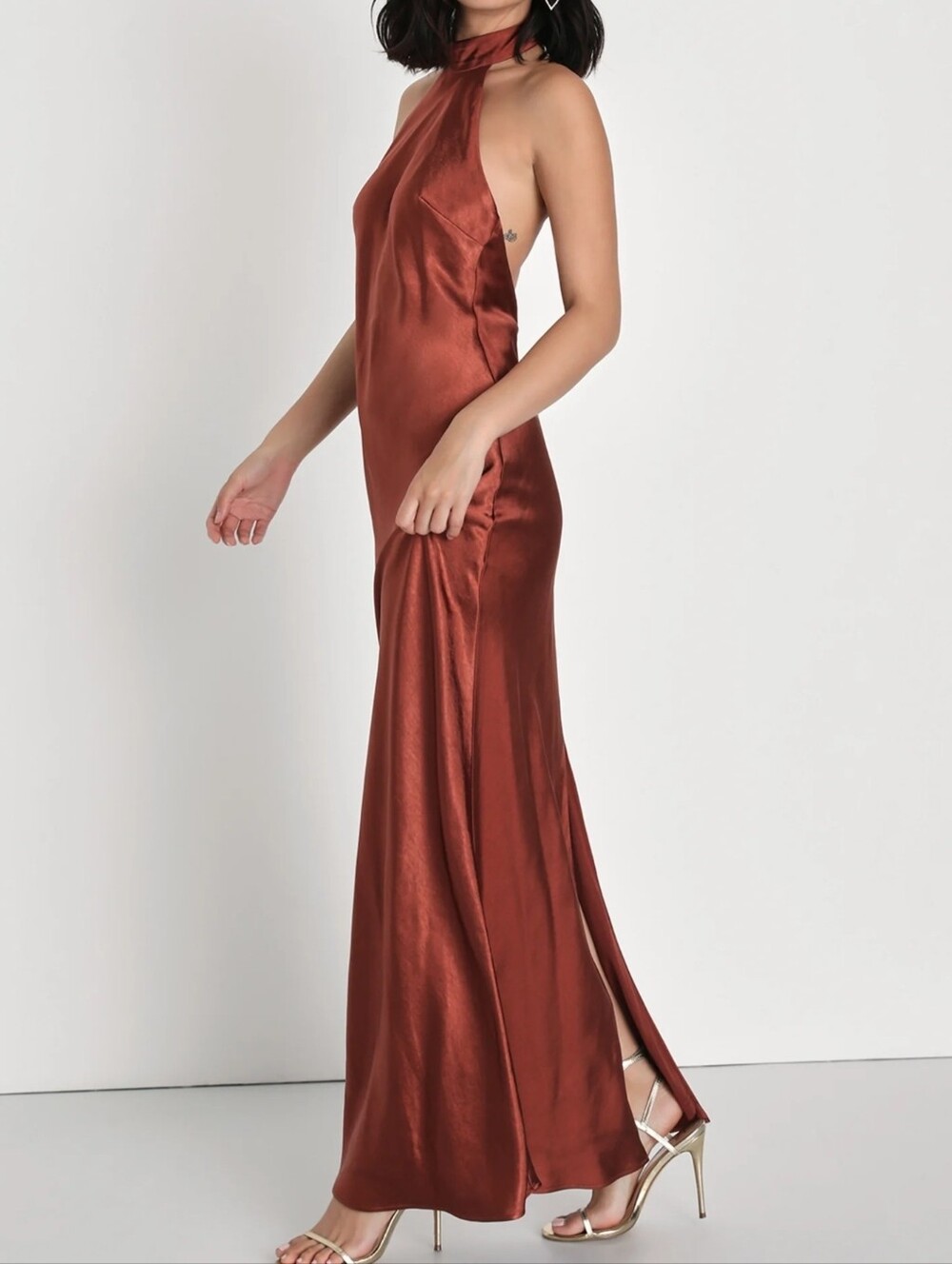 Lulus Love in Your Life Rust Brown Backless Satin Halter Maxi Dress- XL -NWT - Picture 5 of 12